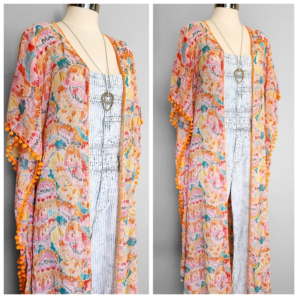 NWT Orange Tropical Pom Pom Kimono America And Beyond